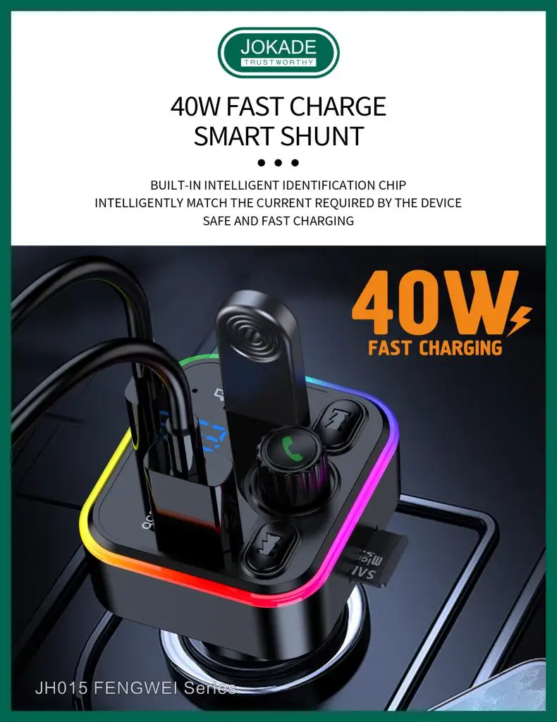 JOKADE cheap FM Transmitter Car charger with light BT3.0+EDR wireless PD40W fast charging solutions FM 87.5-108.0MHz CAR CHARGER