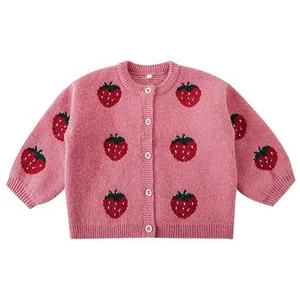 YOEHYAUL Q2824 Autumn New Arrival Cardigan Sweater Baby Girls Strawberry Vest Wholesale Kids Girls Pink Sweater Sets
