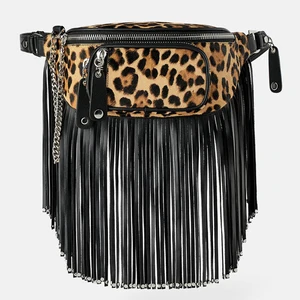 Custom Logo PU Leather Leopard Printed Ladies Belt Waist Bag Fringe Crossbody Fanny Pack for Women