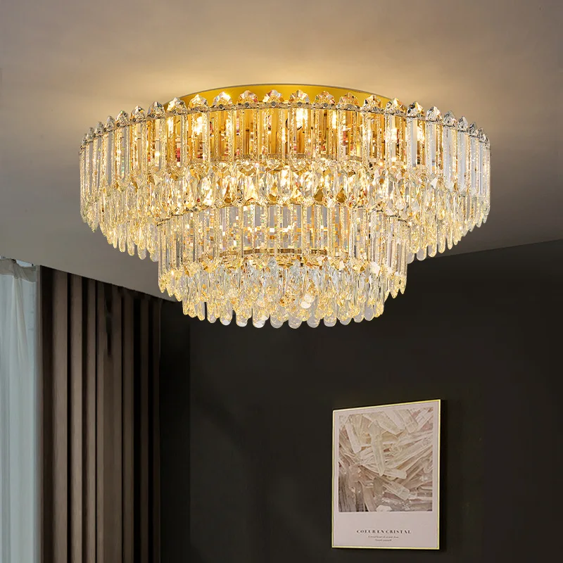 2025 Nieuw model goudkleurige kristalijzer LED-plafondlamp voor woonkamer en restaurant, moderne, eenvoudige en luxueuze verlichtingsarmatuur