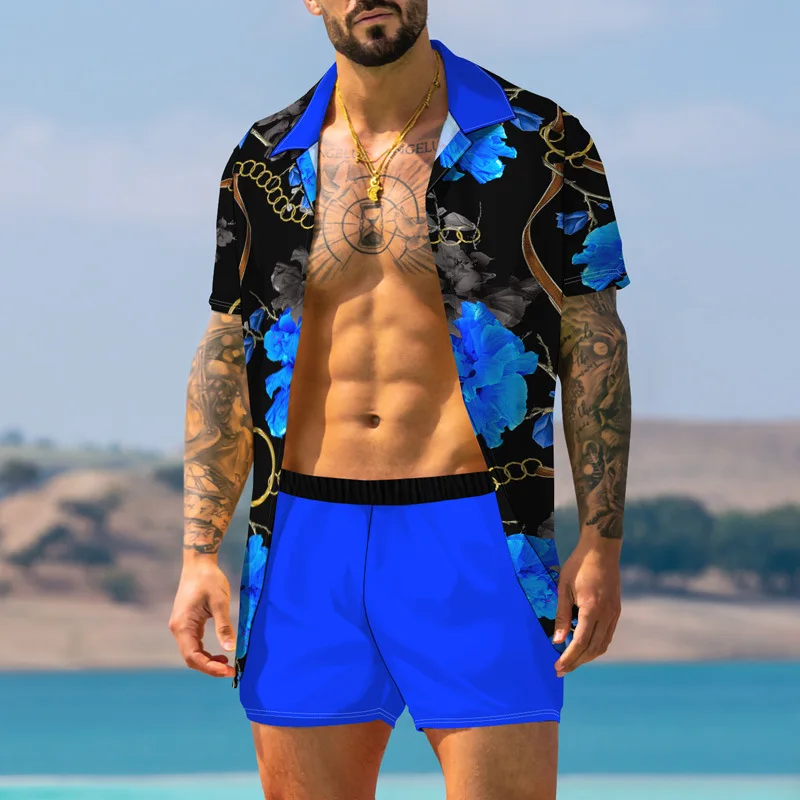 Factory Summer Oem Odm Custom Floral Two Piece Hawaiian Shirt Beach Wear Swim Men Beach Shorts
