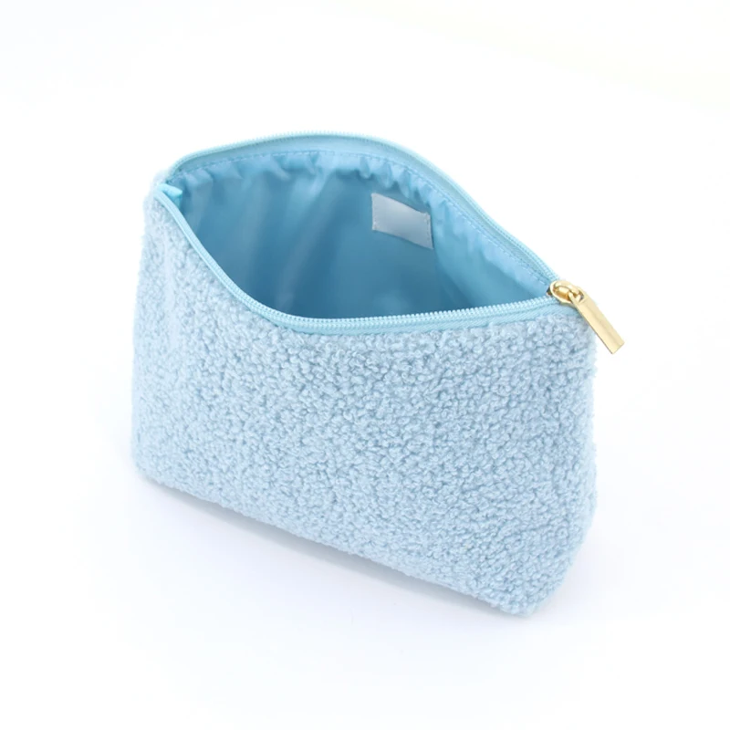 product customize logo soft cute makeup pouches teddy portable travel zipper terry plush toiletries cosmetic bags-8