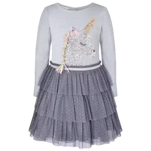 Customizable Summer New Arrival Glitter Tulle Sequined Unicorn Girls Dress Long Sleeve Princess Dresses