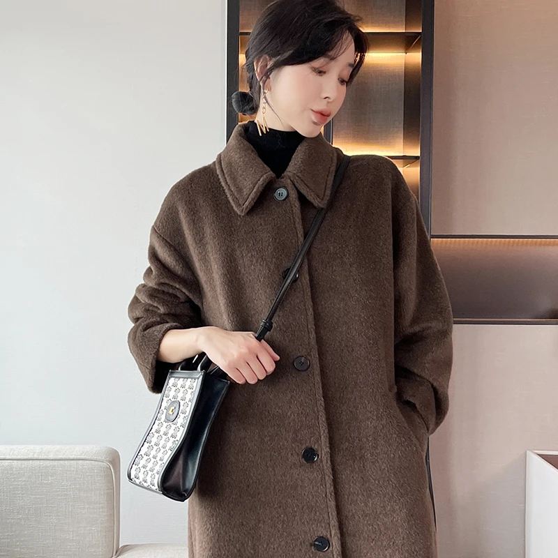 Customized Small Batch Popular This Year High-end Middle Aged and Elderly Profile Casual Fashion Long Vicuna Cashmere Coat
