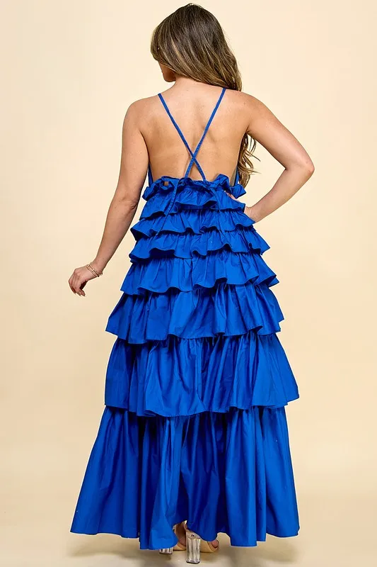 Dresses Women Lady Elegant With V-neck And Tiered Ruffles Sleeveless For Galas - Blue Dress - Image 5