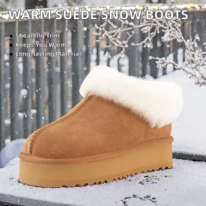Women's Genuine Cow Suede Sheep Wool Fur Lined Casual Winter Boots Slip-On Ankle Flat Chunky Sole Platform Warm Short Thermal