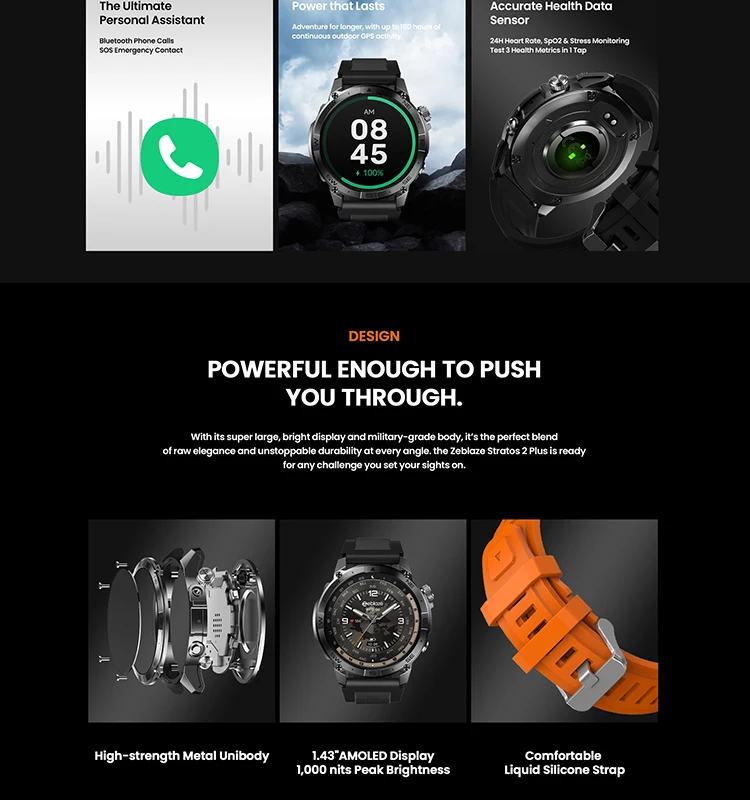 Zeblaze Stratos 2 Plus GPS Smart Watch 1.43'' AMOLED Display Compass Barometric Altimeter Bluetooth Phone Calls Smartwatch