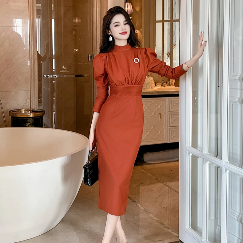ZYHT 30571 Korean Style Business Occasion High-neck Women Pencil Dresses  Pleated Slim Waist Fall Winter Dress - Main Image