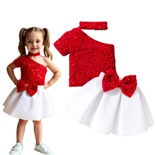Cute Summer Girls' Casual Set Halter-Off-the-Shoulder Short-Sleeved Top Sequins Puff Skirt 2T 5T for Infants Young Children