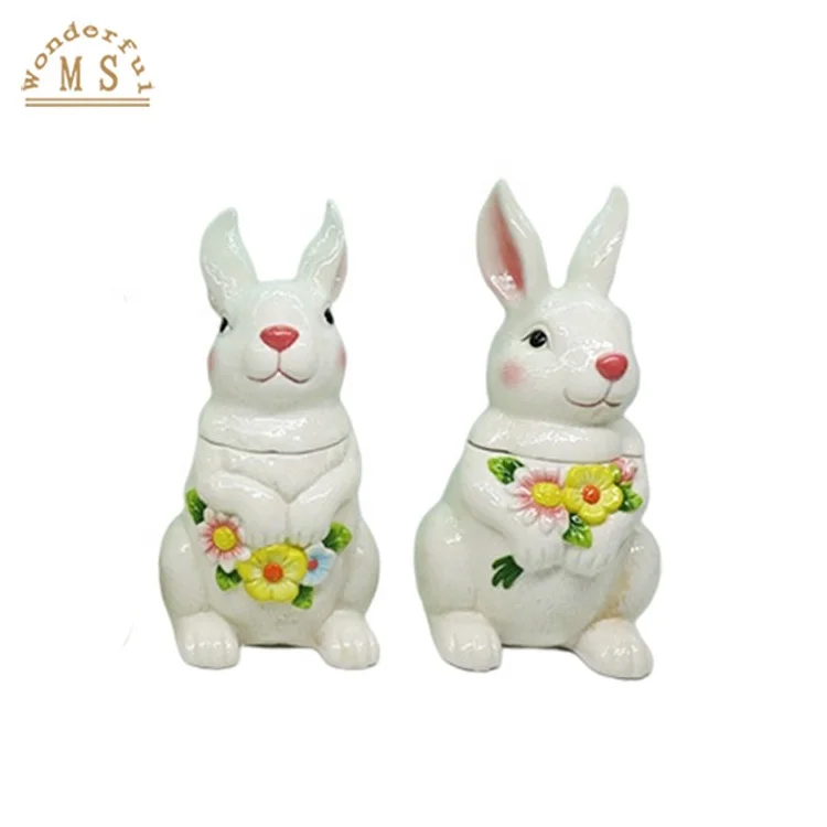 Ceramic Rabbit Canister Embossed Spring Flower Bunny Jar for Kitchen Decoration