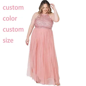 Women's Ladies Bridesmaid Maxi Dress Halter Neck Sequin Embellished Prom Graduation Wedding