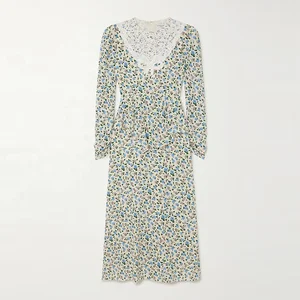 Clothing Manufacturer Custom Spring Summer Crew Neck Long Sleeve Lace Print Elegant Casual Women Midi Dress