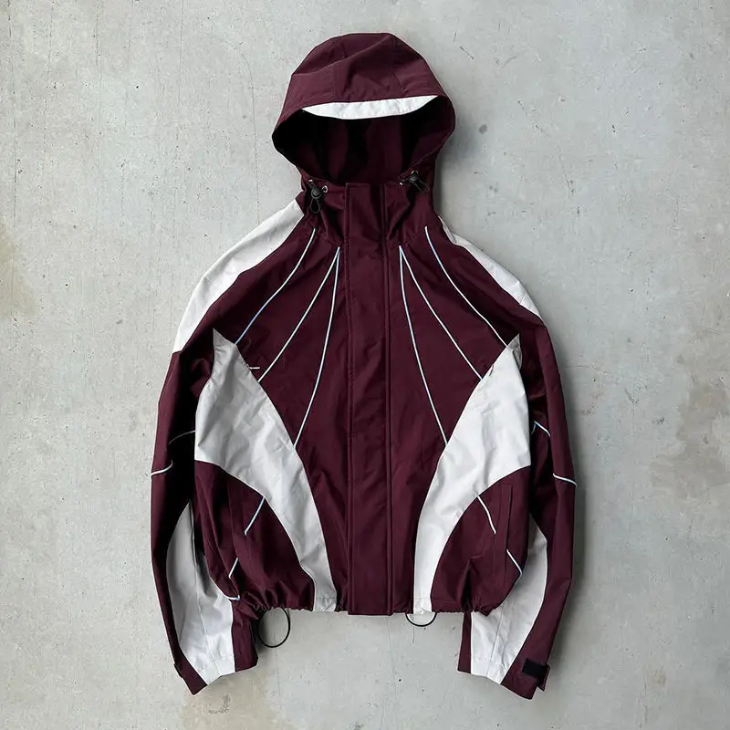 Wholesale Streetwear Custom Oversized Heavyweight Boxy Nylon Windbreaker Splicing Color Blocks Zip Hoodie Jacket for Men gallery 8