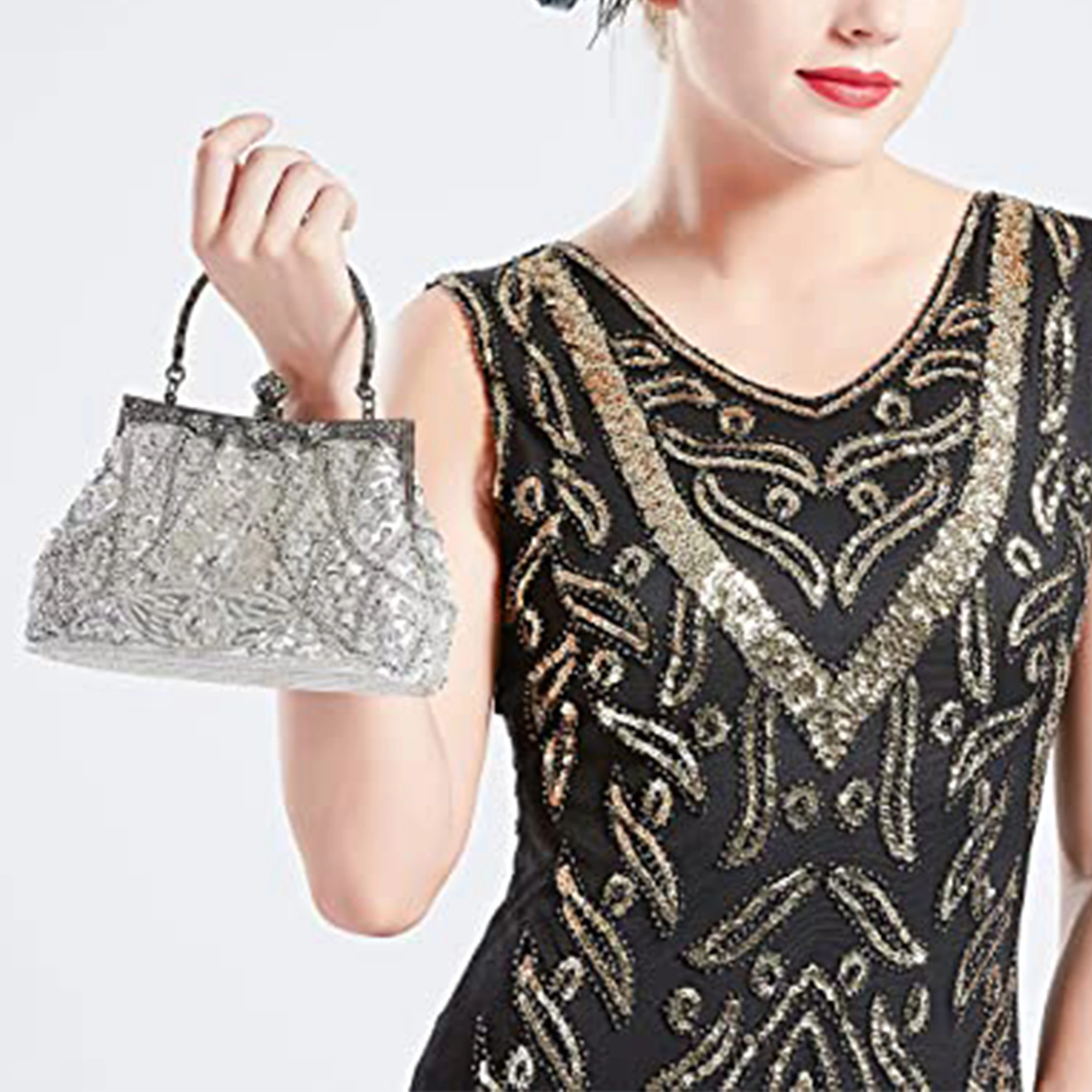 KISSCHIC Women's Vintage Sequins Beaded Evening Bag Handbag Wedding Clutch  Handle Bag Formal Hand Bag