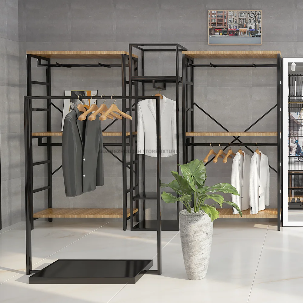 Multifunctional Boutique Furniture T Shirt Display Racks Clothing Stand Metal Garment Clothing Racks for Store Men