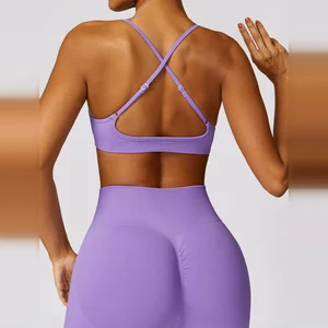 Premium Lilac Sports Set Women Strappy Back Seamless Bra and Leggings Yoga Fitness Matching Outfit