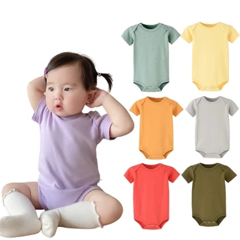 Newborn Essentials 100% Cotton Plain  Girl Clothes 6-12 Month Knitted Short Sleeve Jumpsuit Baby Romper