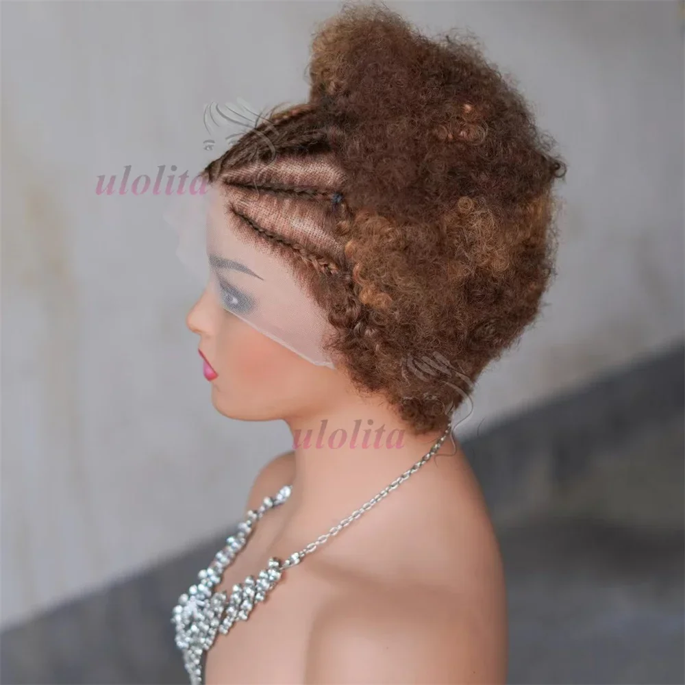13x4 Lace Frontal Afro Krøllet Paryk 100% Brasiliansk Remy Hår 6 Ombre Highlights Bouncy Krøllet Paryk Ægte Hår Parykker med Fletninger_voghion.com