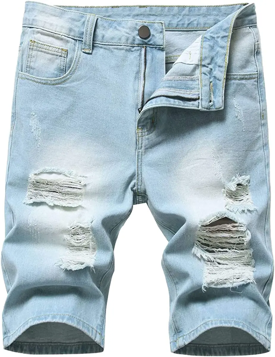 Ripped Gray Slim Fit Denim Shorts For Men Knee Length Men's grey Jeans Shorts260_voghion.com