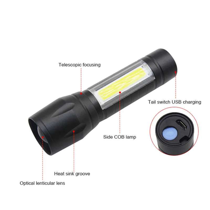 Super Bright Zoom LED Q5 T6 Torch Light With Side COB Light Aluminum Waterproof night light USB Rechargeable Led Flashlight