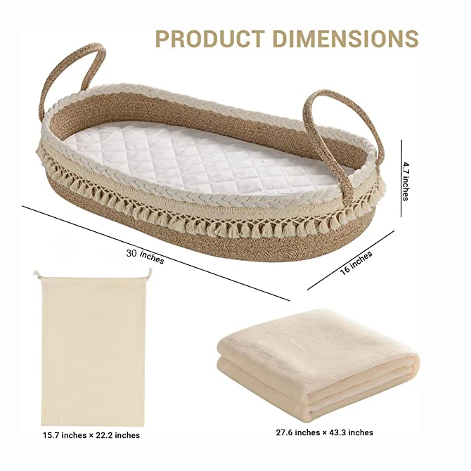 Baby Changing Basket Handmade Woven Cotton Rope Moses Basket With