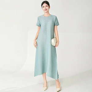 High Quality Women Plus Size Dress Stretch Casual Dress Miyake Pleated Summer Solid Color Elegant Dress