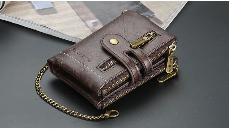 Baellerry 2021 New Wholesale Short Style Double Zipper Wallets With Chain for Men,Male Coin Purse Card Wallets Case Wholesale