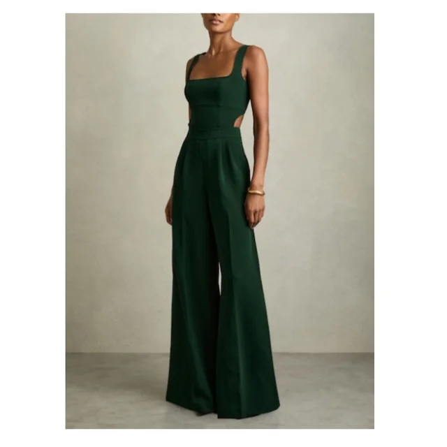 1621 boho  Green Dion Wide-Leg Cut-Out Jumpsuit onesie playsuit romper wholesale elegant urban women clothing overalls one piece