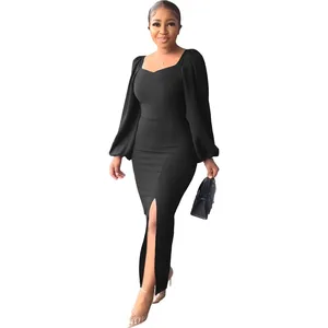 Women's Square Neck Balloon Sleeve High Slit Bodycon Maxi Dress Elegant Evening Party Casual Stretchy Sexy Slit Dress