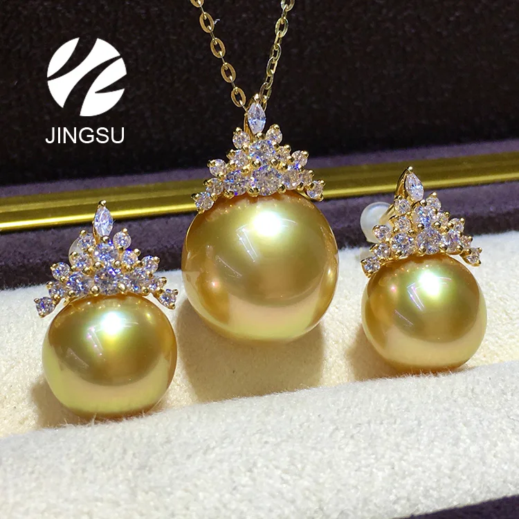 Natural Golden Color Charms Pendant Stud Earrings Sets 18 K Gold South Sea  Pearl Elegant Gift for Women Fashionable Design