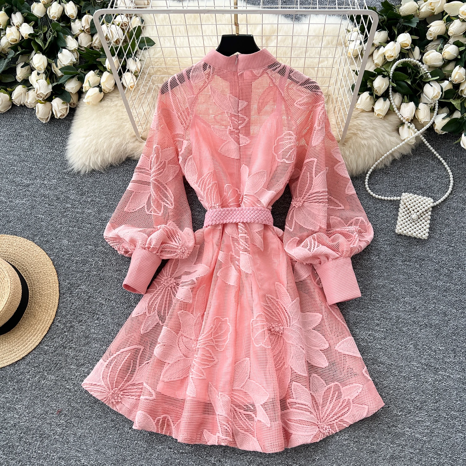 Elegant Dresses LW1425 Lace Dress With Tie-Waist Hollow-Out Embroidery  Single Button A-Line Flared Dress Clothes for Women
