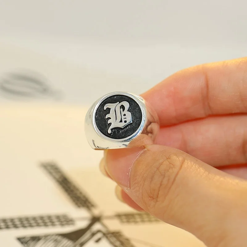 Personalized Engraved Initial Letter Ring 925 Sterling Silver Mens Jewelry  Custom Old English Letter Vintage Signet Couple Rings