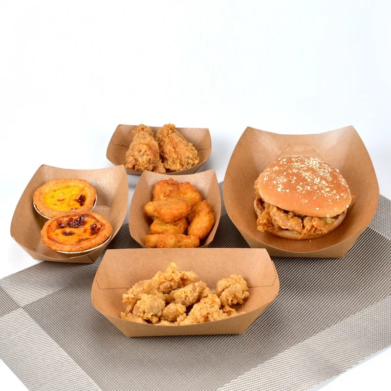 XYA disposable Kraft Paper Serving Tray Boat Shape Snack French Fries Chicken Salad Take Out Container For Party food paper tray