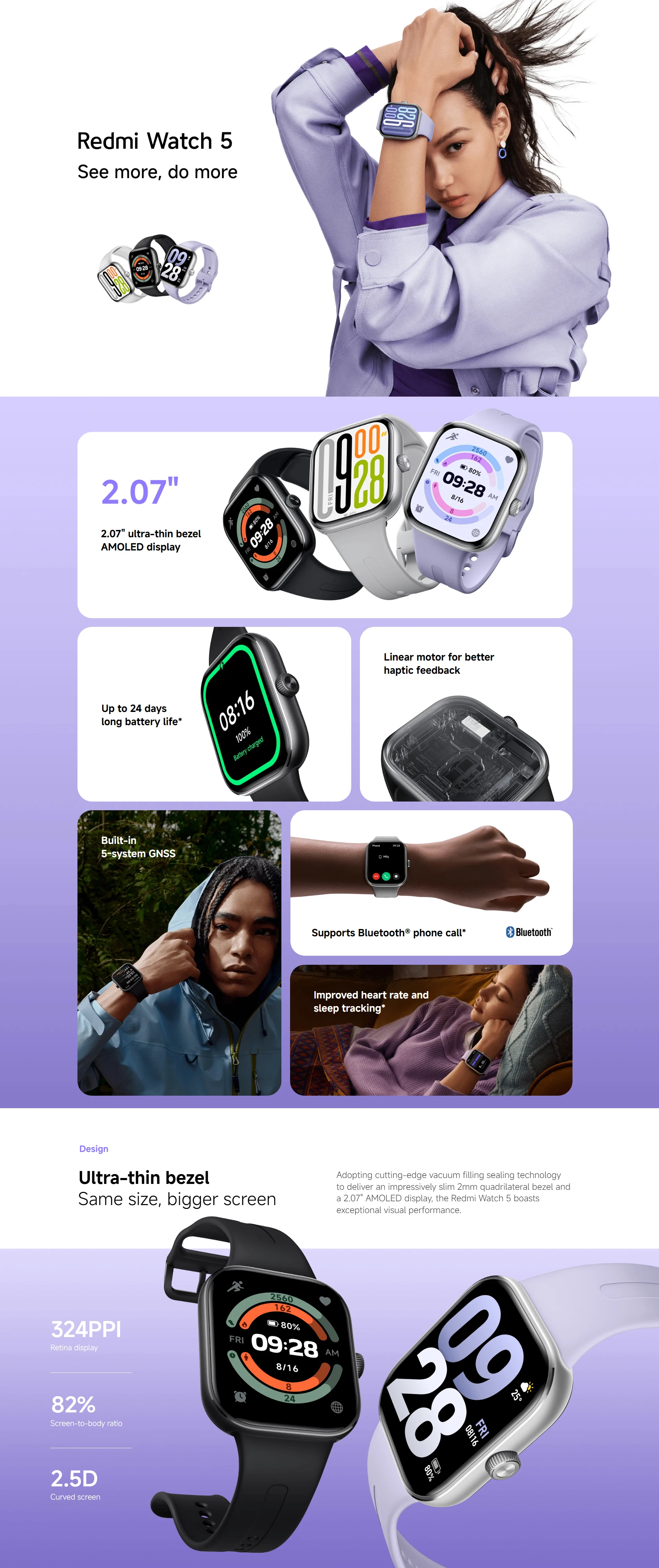 Pour Original Xiaomi Redmi Watch 5 GPS 2.07 "AMOLED 24 jours d'autonomie de la batterie Oxygène sanguin Fréquence cardiaque Fitness Tracker 5ATM