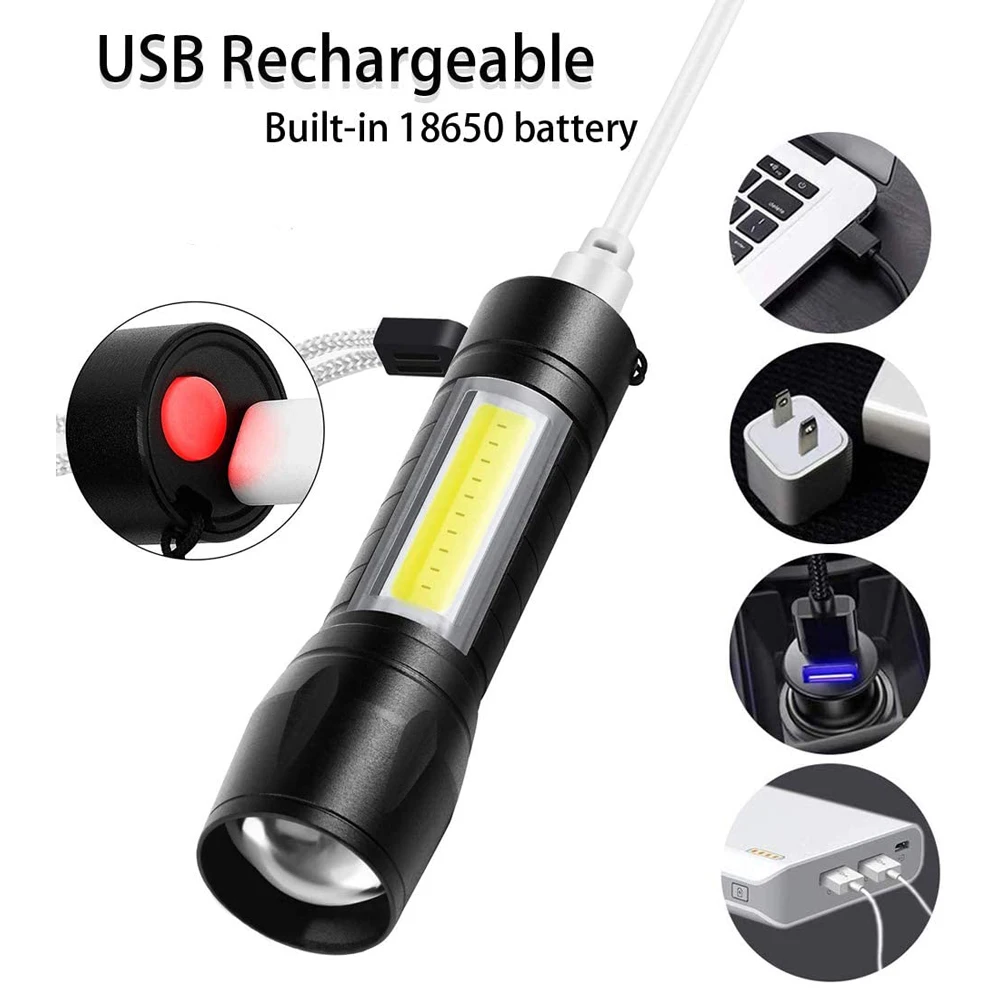 Ultra bright mini led cob flashlight Zoomable portable  usb rechargeable Outdoor Camping tactical flashlight torch long range details