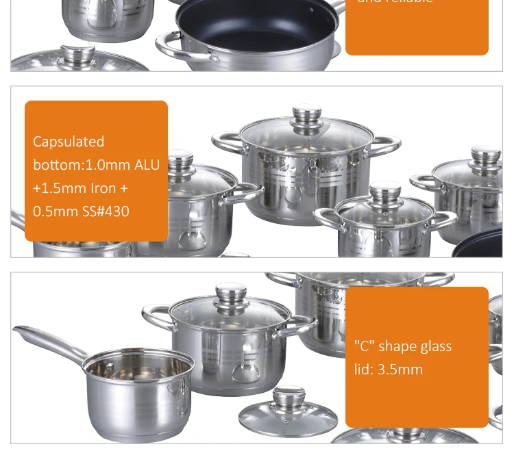 Home Kitchenware Cooking Soup Pots And Pan Sets Stainless Steel Cookware Sets With Glass Lid details