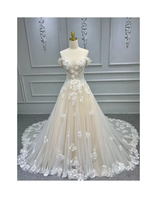 Luxury Bridal Ball Gown Wedding Dresses Sexy Strapless Long-Tailed Flat Shoulder Wedding Dress Women 3D Flower Wedding Dress