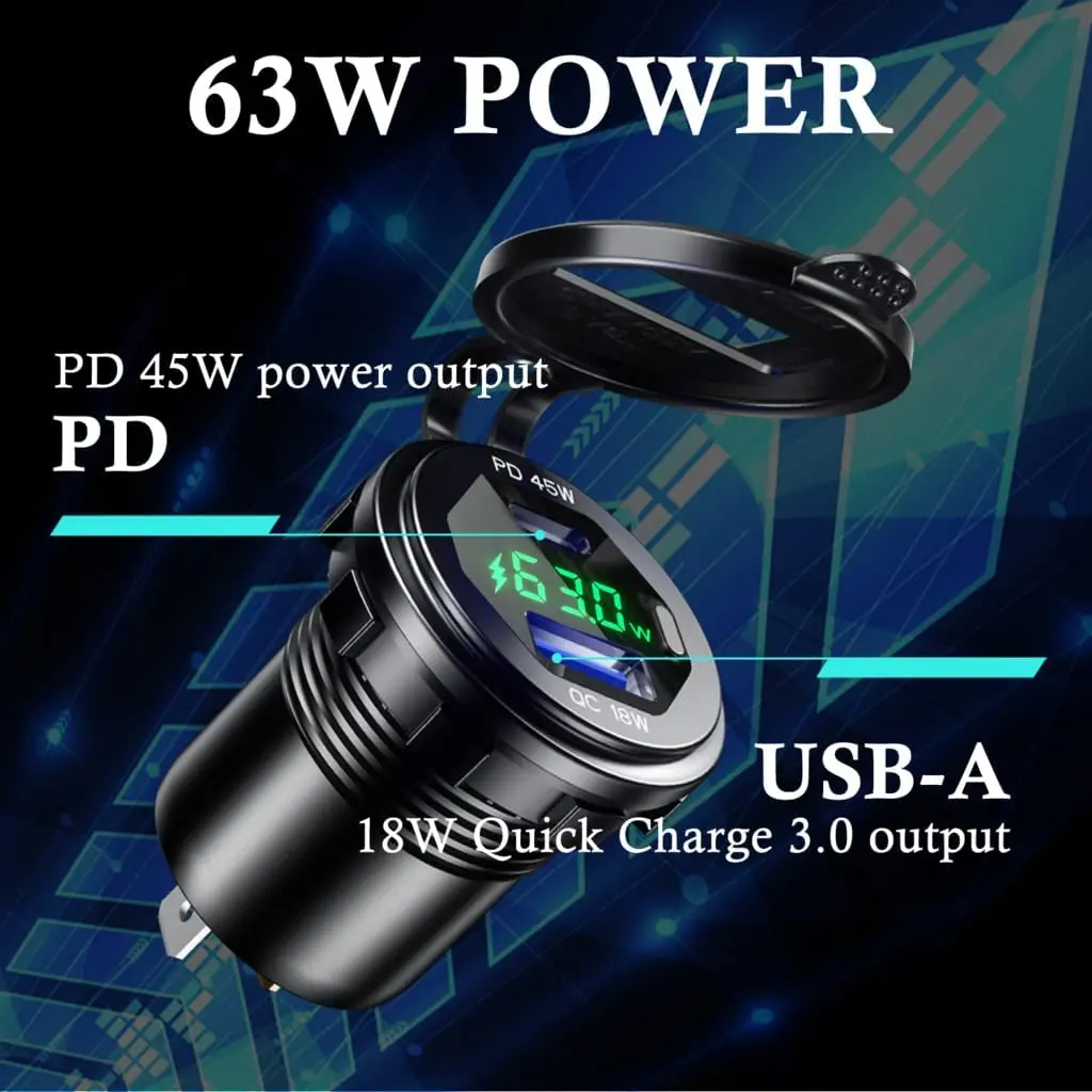 USB C Car Charger Socket 12V/24V USB Outlet 45W PD Type C & 18W QC 3.0 Car Dual USB Port with LED Voltmeter & Button Switch