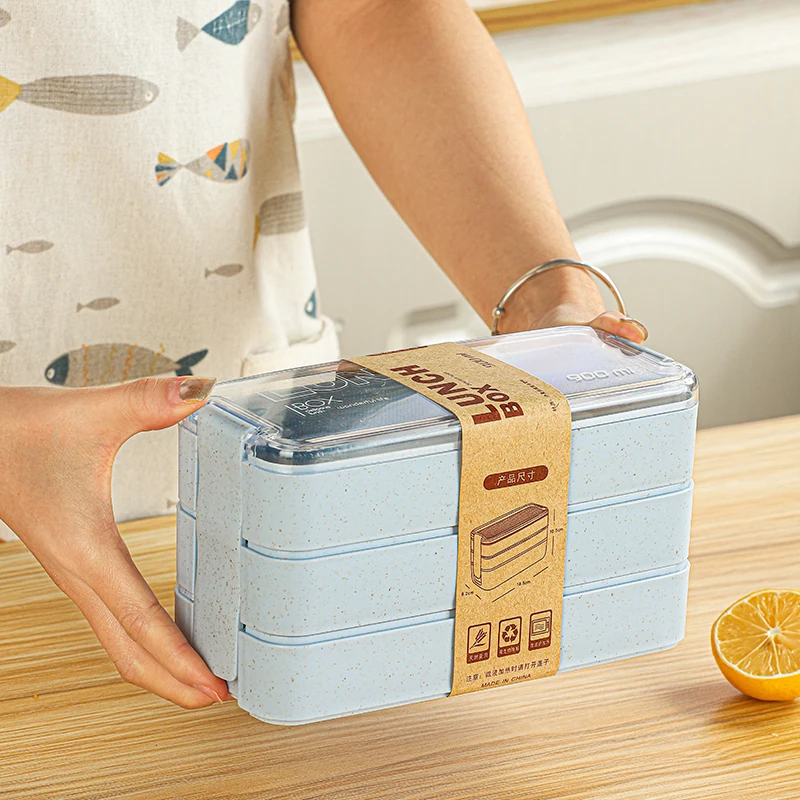 Safe Microwave 3 Layer Wheat Straw Lunch Box Custom Plastic Bento Box With Cutlery Set Logo