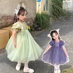 Summer Polyester Girls Fairy Dress Vintage Style O-Neck Short Sleeve Knee-Length Princess Mesh Dress With Pearls