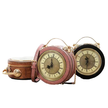 New Fashion Designer round Crossbody Sling Bag with Clock Chain for Custom Pu Leather Bag Chain Strap Nylon Lining ZipperClosure