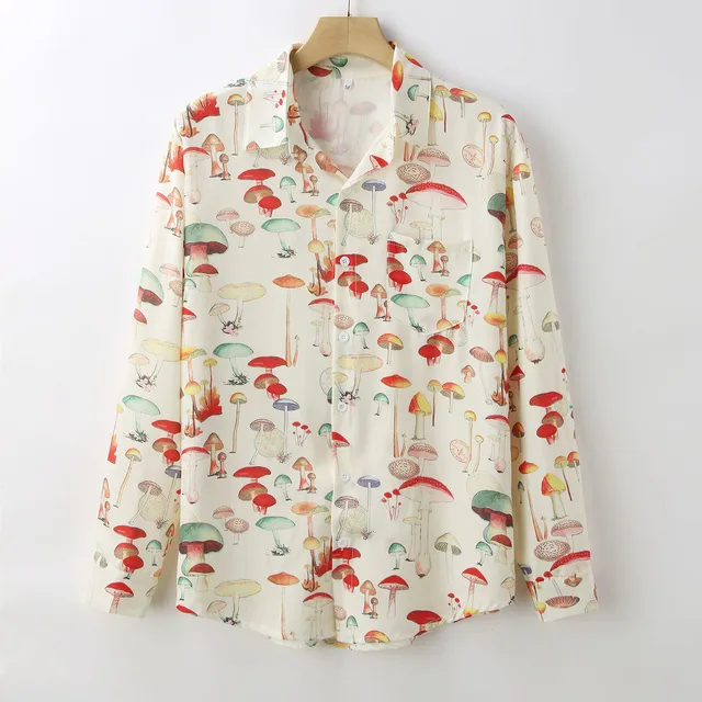 2024 latest design men's fashion shirt long sleeve mushroom print men's shirt hawaiian style floral beach shirts