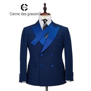 High Quality Bespoke Wholesale Dark Blue Wool V-neck Men's Casual Suits Set