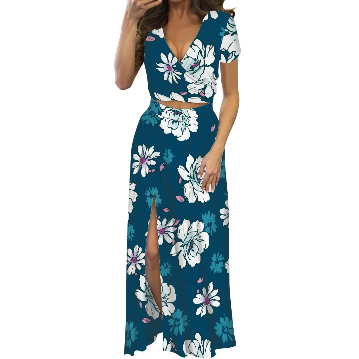 Abito Lungo Maxi Donna Estivo Con Tasche, Floreale A Maniche Corte, Scollo A V, Vita Alta, Casuale Per Spiaggia E Vacanze (Taglie S-3XL) - 3