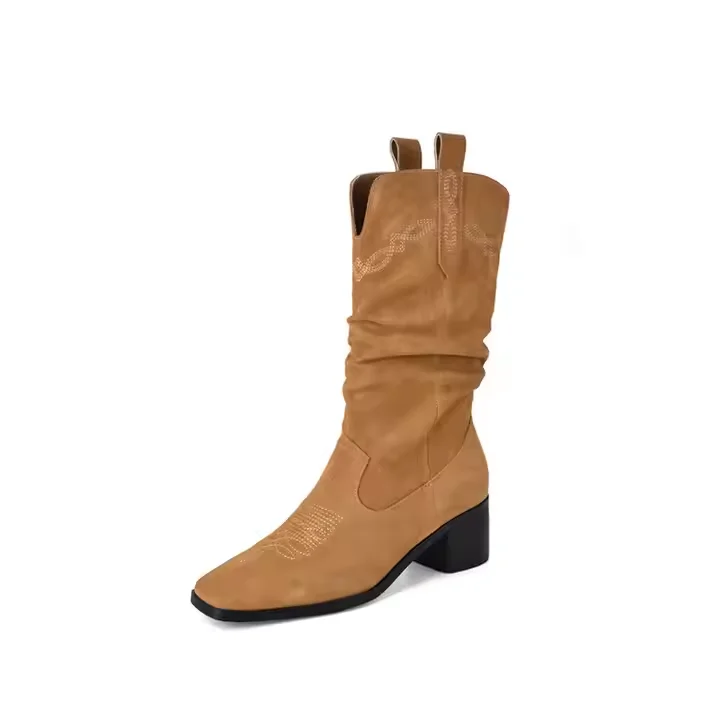 New Style Cowgirl Leather Boots Square Toe Wide Calf Soft Suede Genuine Leather Women Western Heel Boot - Image 2