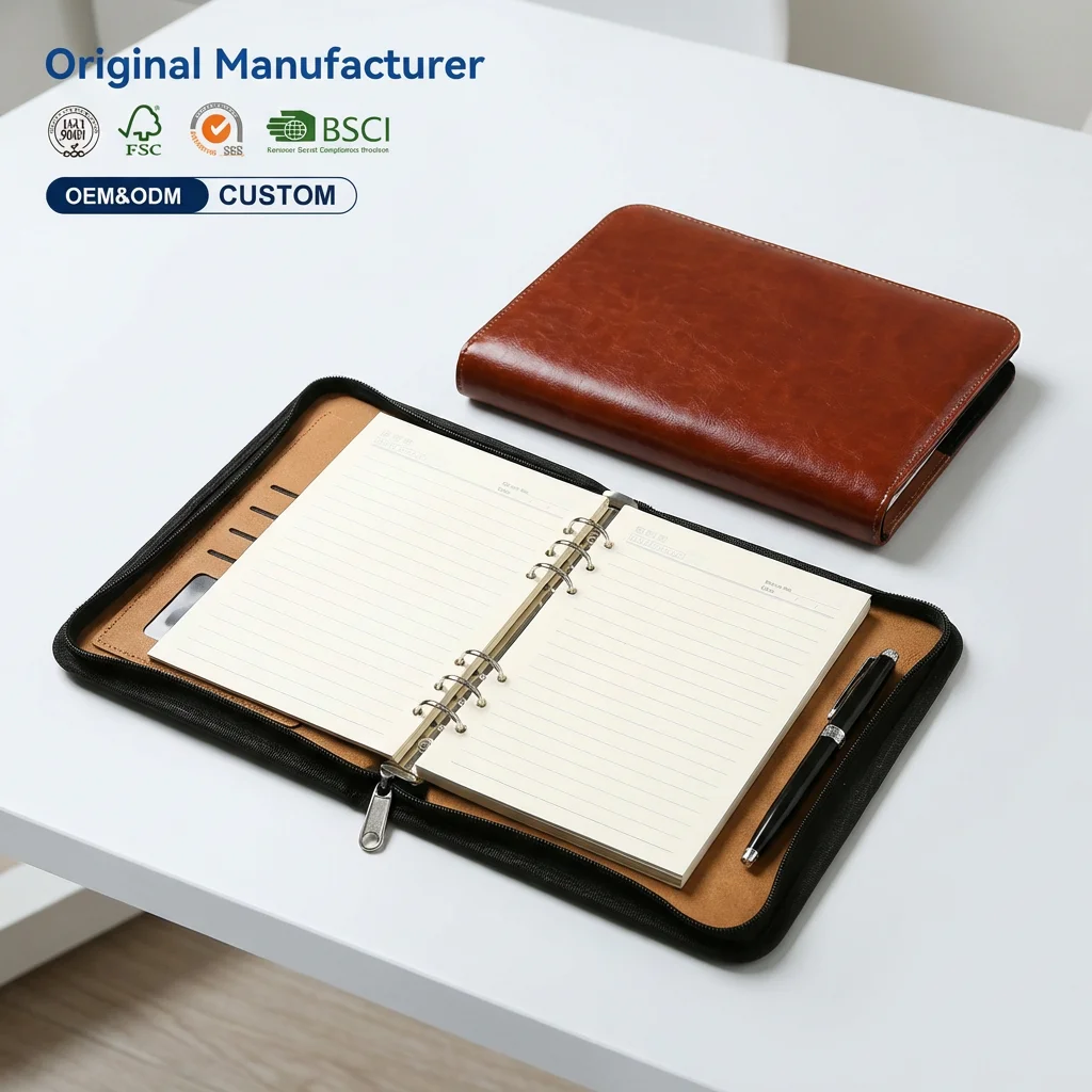Buku Catatan Hardcover Berbahan Kulit PU Ukuran A5 dengan Ring Binder, Buku Harian Tahan Lama, Alat Tulis, Perencana (Planner) untuk Isi Ulang Lembar Terlepas, Dilengkapi Slot Kartu di Bagian Dalam—Hadiah