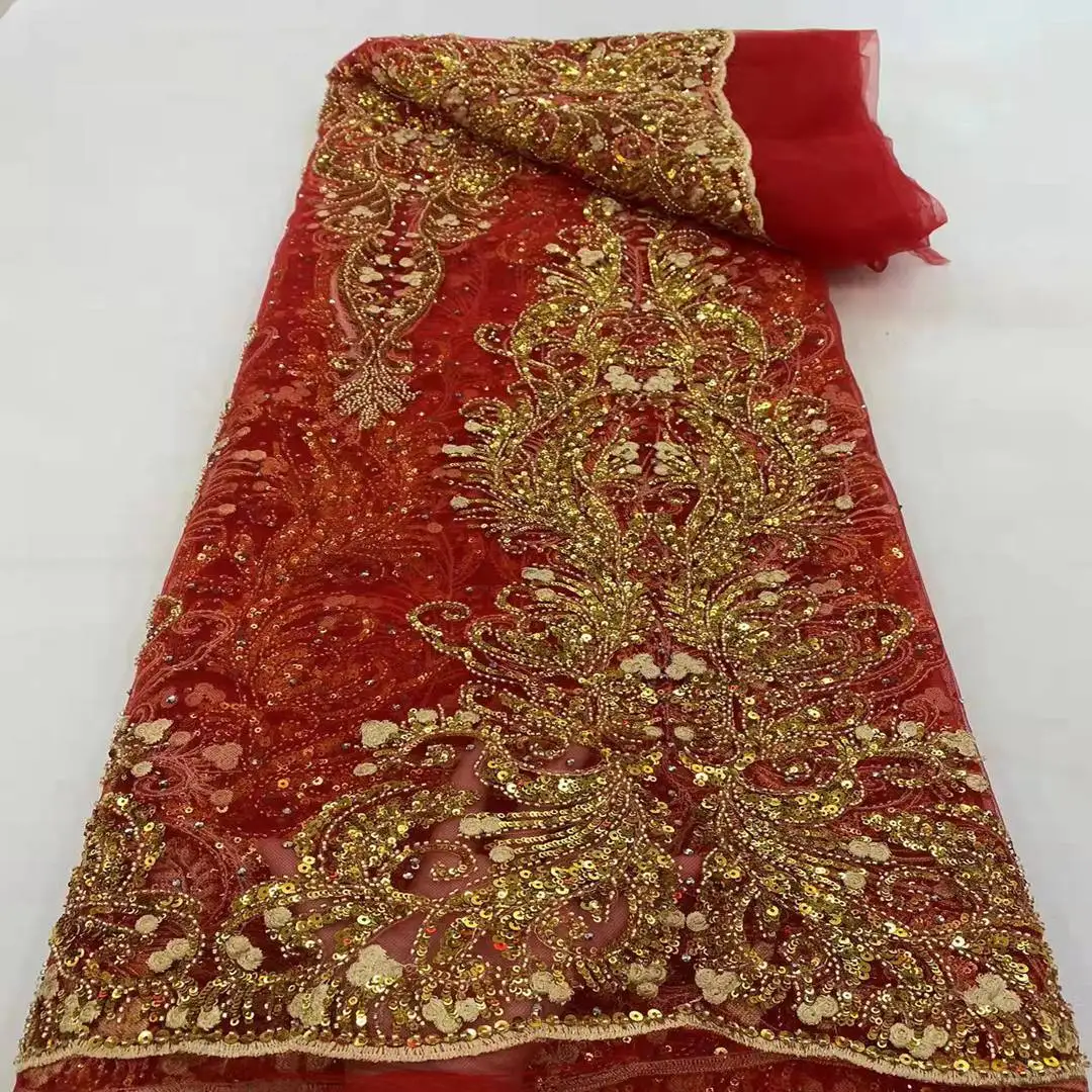 Wonderful Korean Hoh Gold Red Beaded Sequin Chantilly Lace Fabric