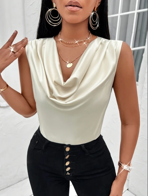 Lady Casual Silk Halter Solid Color Cowl Neck Top Women Elegant Sleeveless Satin Tank Tops for Summer