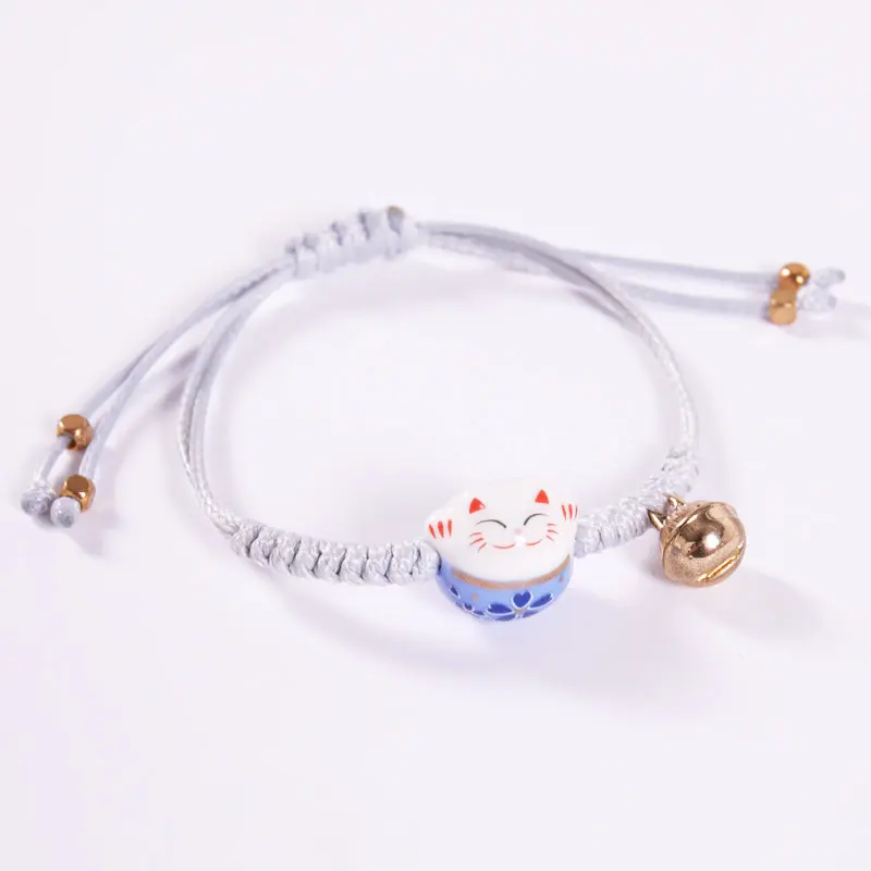Bracelet Chat Maneki Neko Tressé - Corde Ajustable, Céramique, Symbole Chance Et Prospérité