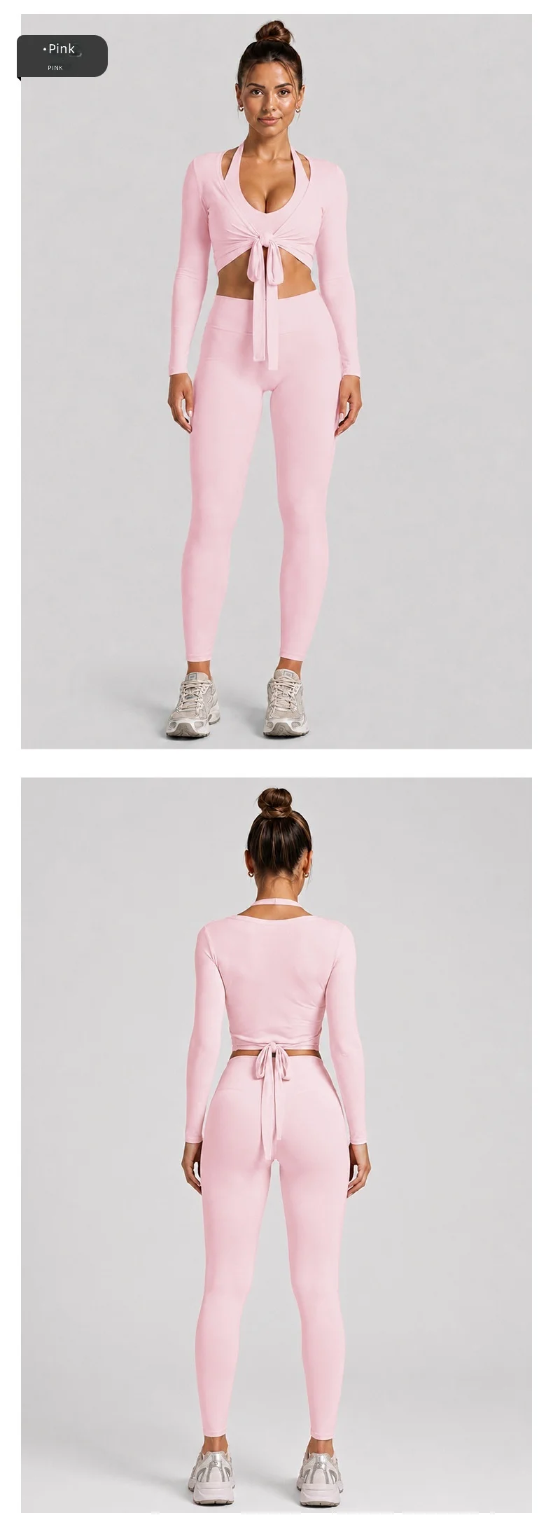Quick Dry 3 Piece Yoga Set Halter Sports Tank Tie Front Long Sleeve Shrug High Waist Biker Shorts 4 Way Stretch — detail